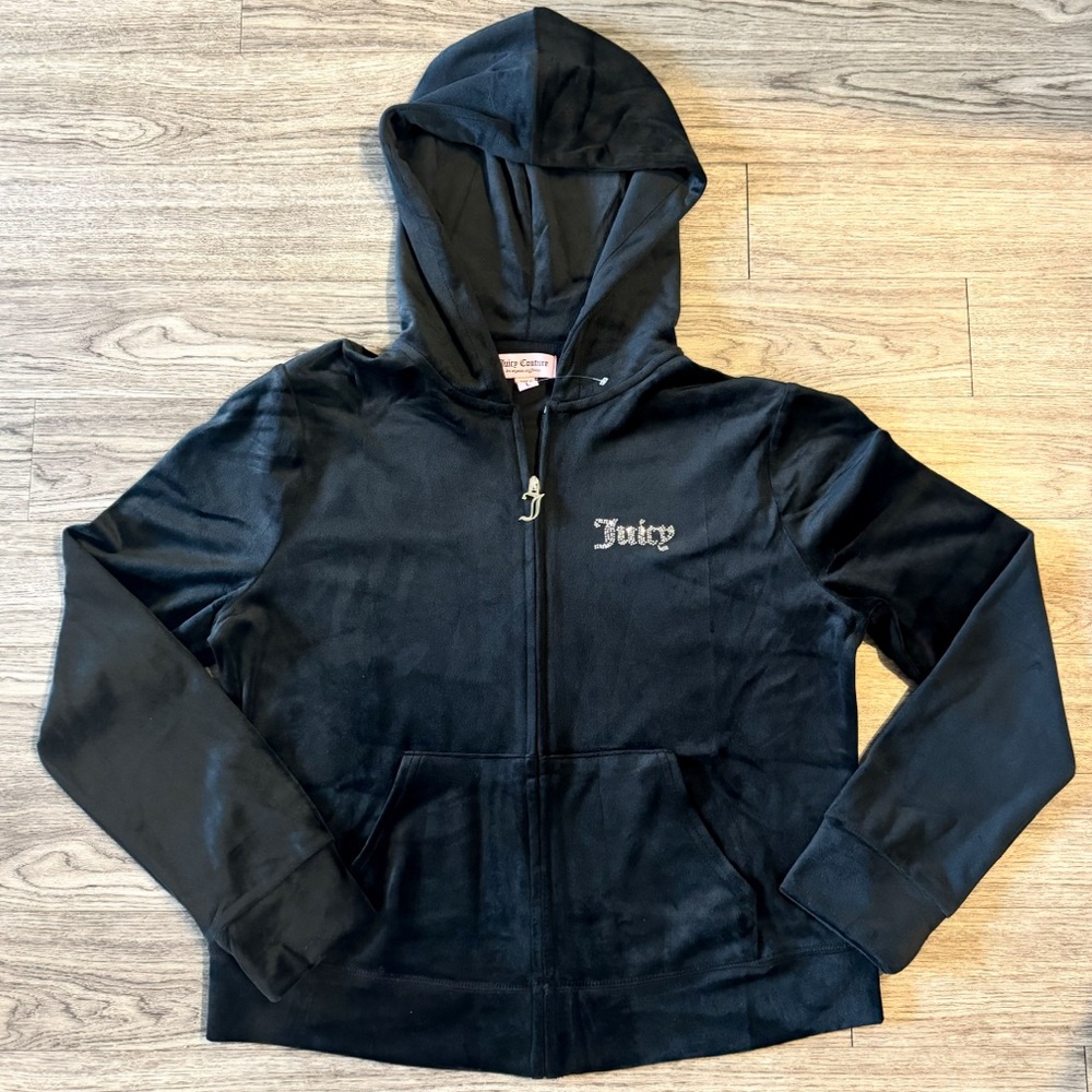 NWOT Black velour juicy couture zip up hoodie jacket with logo and J zipper - L